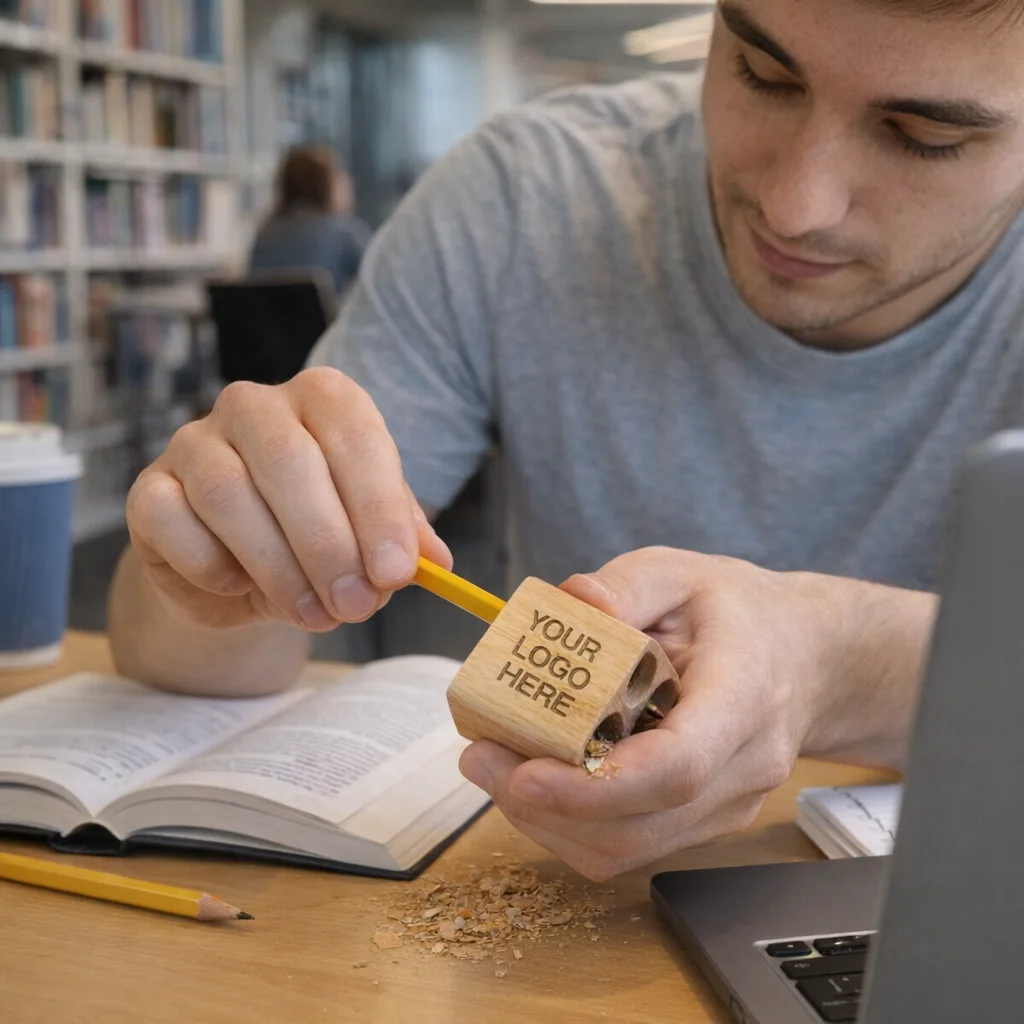 Man sharpening pencil at desk with open book, laptop, and Axen Pencil Sharpener.