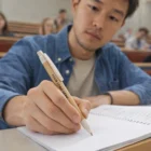Student writes in a classroom with a Wrento Natura Kraft Pen labeled YOUR LOGO HERE.