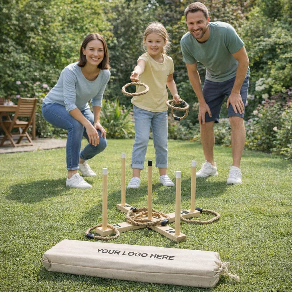 A family smiles outdoors, playing Vortex Ring Toss Games together on the sunny grass.