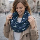 Woman outdoors smiling, wearing a blue Brewton Infinity Scarf with repeating logo print.