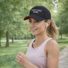 Woman jogging in a park, wearing Quincy Velcro Cotton Caps with YOUR LOGO HERE and earphones.