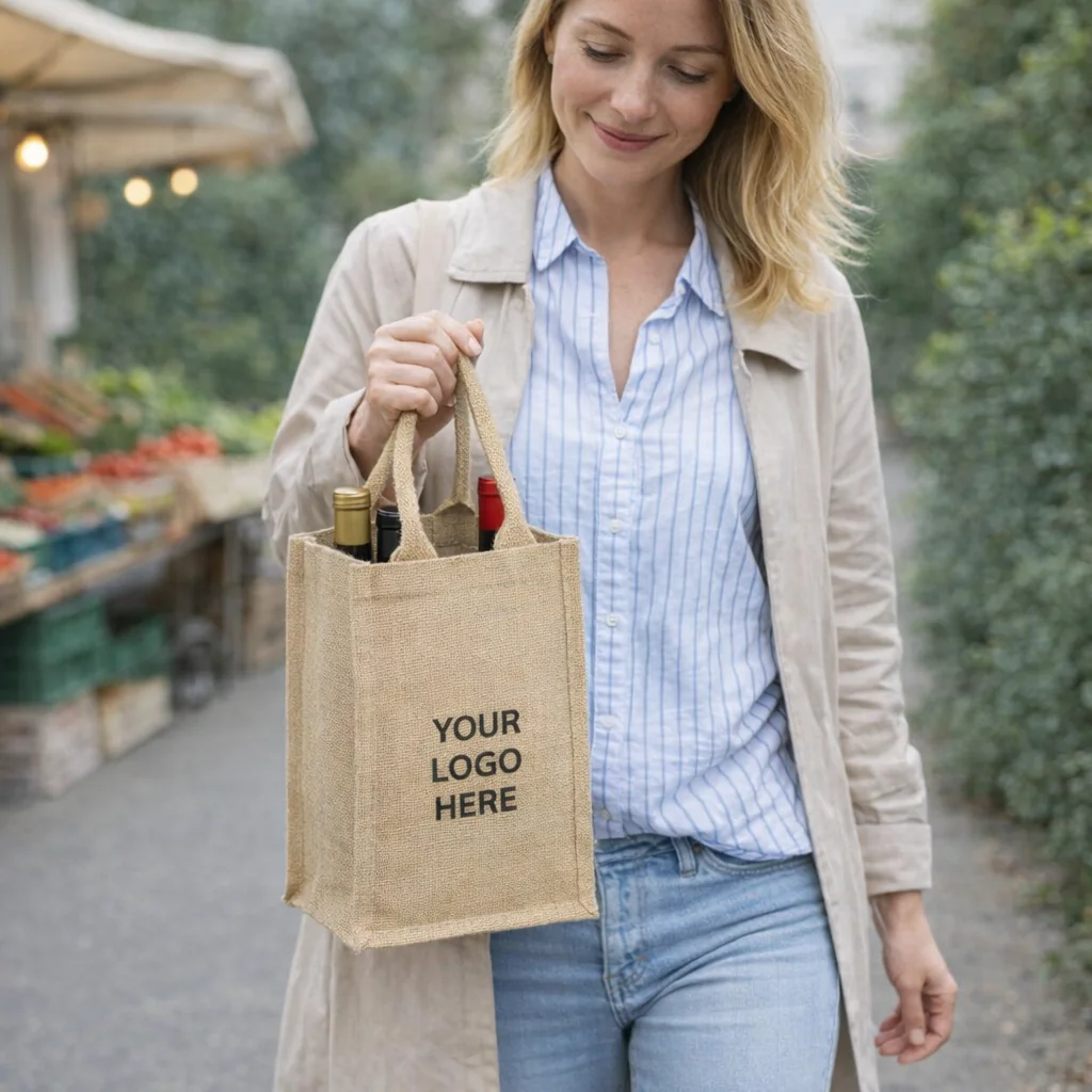 Woman with a jute bag and Bowie Four Bottle Wine Carriers with Your Logo Here at an outdoor market.