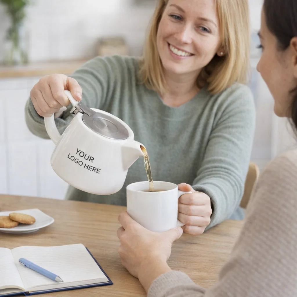 Woman pours chai from a 490Ml Stoneware Chai Teapot labeled "Your Logo Here" into a mug.
