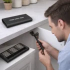 Man using Axis Magnetic Screwdriver Set to fix a cabinet hinge in a modern kitchen.