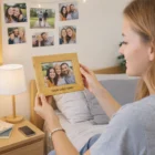 Woman on bed holding 6X4 Bamboo Photo Frames; photos displayed on wall behind her.
