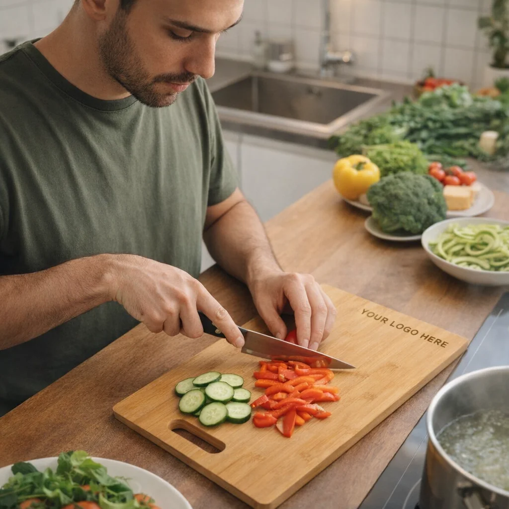 Man slices vegetables on Chopstatic Bamboo Chopping Board amid fresh produce in kitchen.