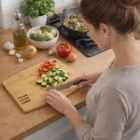 A woman chops veggies on an Elizza Bamboo Chopping Board surrounded by fresh ingredients.