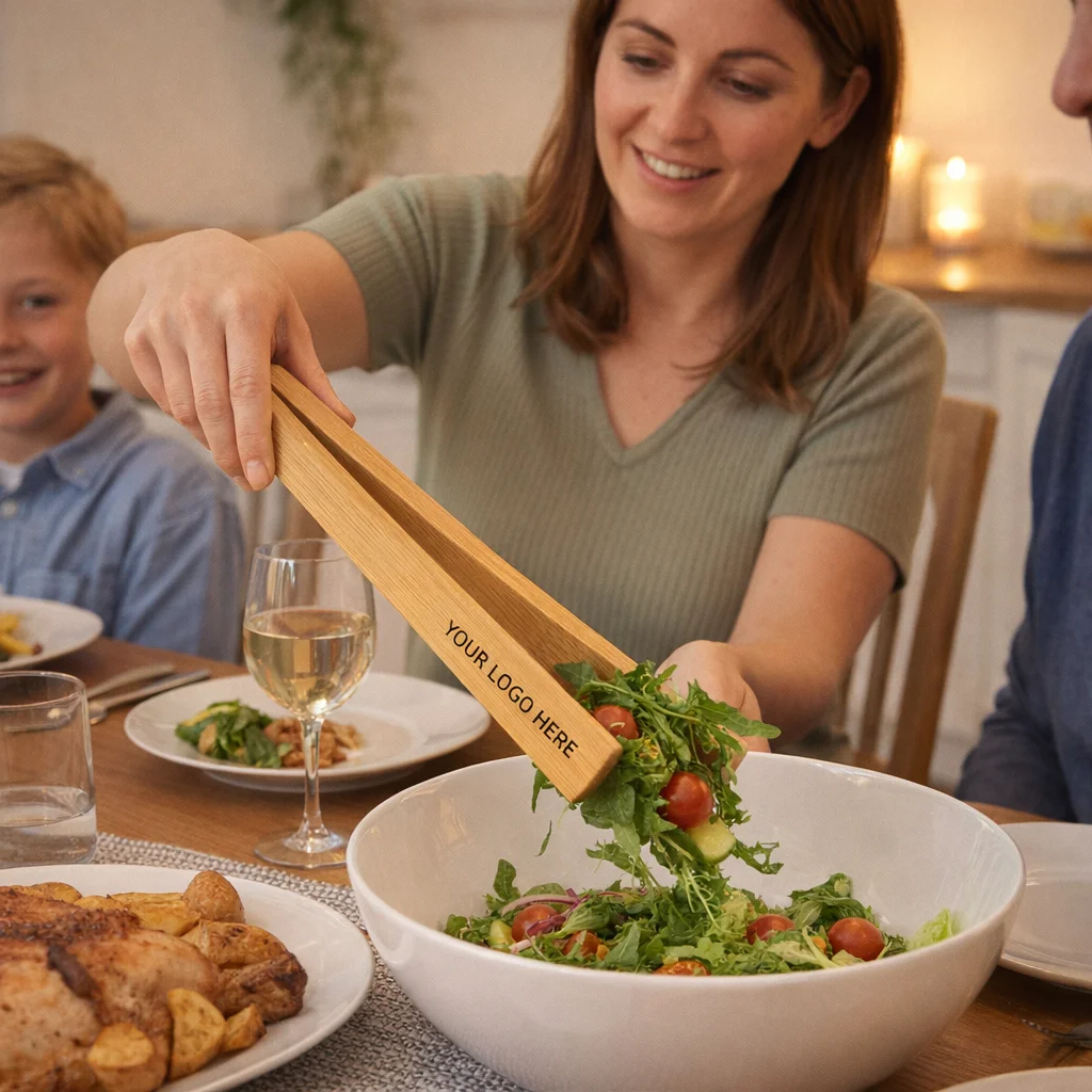 A woman serves salad with Pico Bamboo Serving Tongs at a family dinner table.