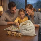 Family enjoying Wooden Dice In Drawstring Bags while playing a board game indoors.