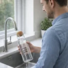 Man filling a Keepsake Onsen Carafe with water at a kitchen sink.