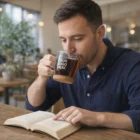 Man reading a book and sipping from Keepsake Onsen Coffee Cups in a cozy café.
