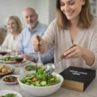 Woman serves salad with Keepsake Salad Servers at a table with two others and black box.
