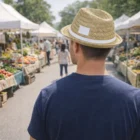 Man wearing a Waldorf Straw Fedora Hat at an outdoor market, facing away from camera.