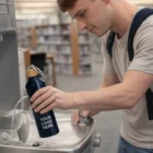 Filling a Hyatt 750Ml Aluminium Bottle labeled Your Logo Here at a library fountain.