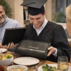 Smiling graduate opens a Pierre Cardin Novelle Notebook Gift Set at the table with family.
