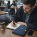 Man writing at a café table with coffee, phone, and a Pierre Cardin Novelle Notebook and Pen Gift Set.