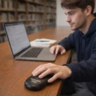 In a library, someone uses an Evo Wireless Travel Mouse labeled "Your Logo Here.
