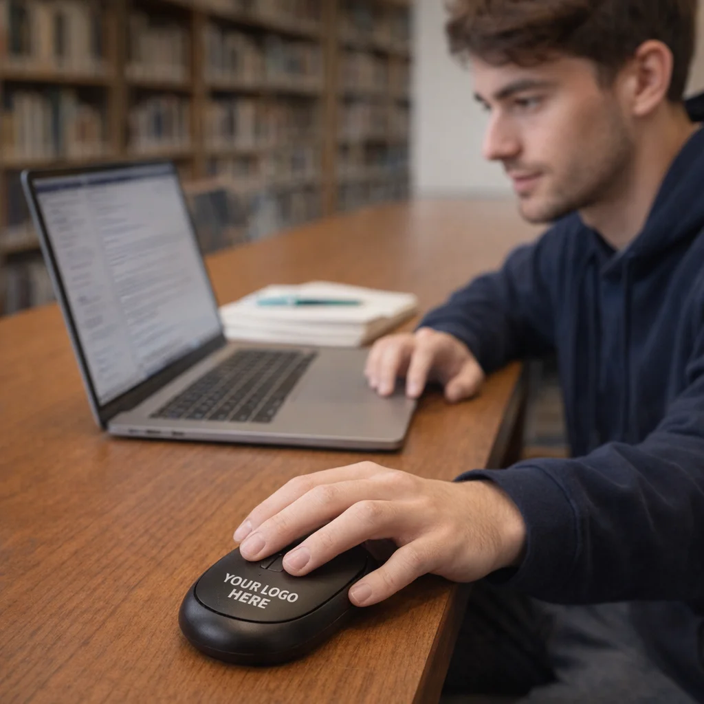In a library, someone uses an Evo Wireless Travel Mouse labeled "Your Logo Here.