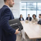 Man holding a Foldaway Travel Portfolio Case in a boardroom meeting.