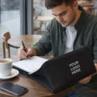 Man writing in a café with a Carrington Zippered Closure Portfolio labeled YOUR LOGO HERE.