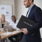 Man in suit holding a Melrose Thermo Pu Portfolios folder labeled YOUR LOGO HERE in meeting room.