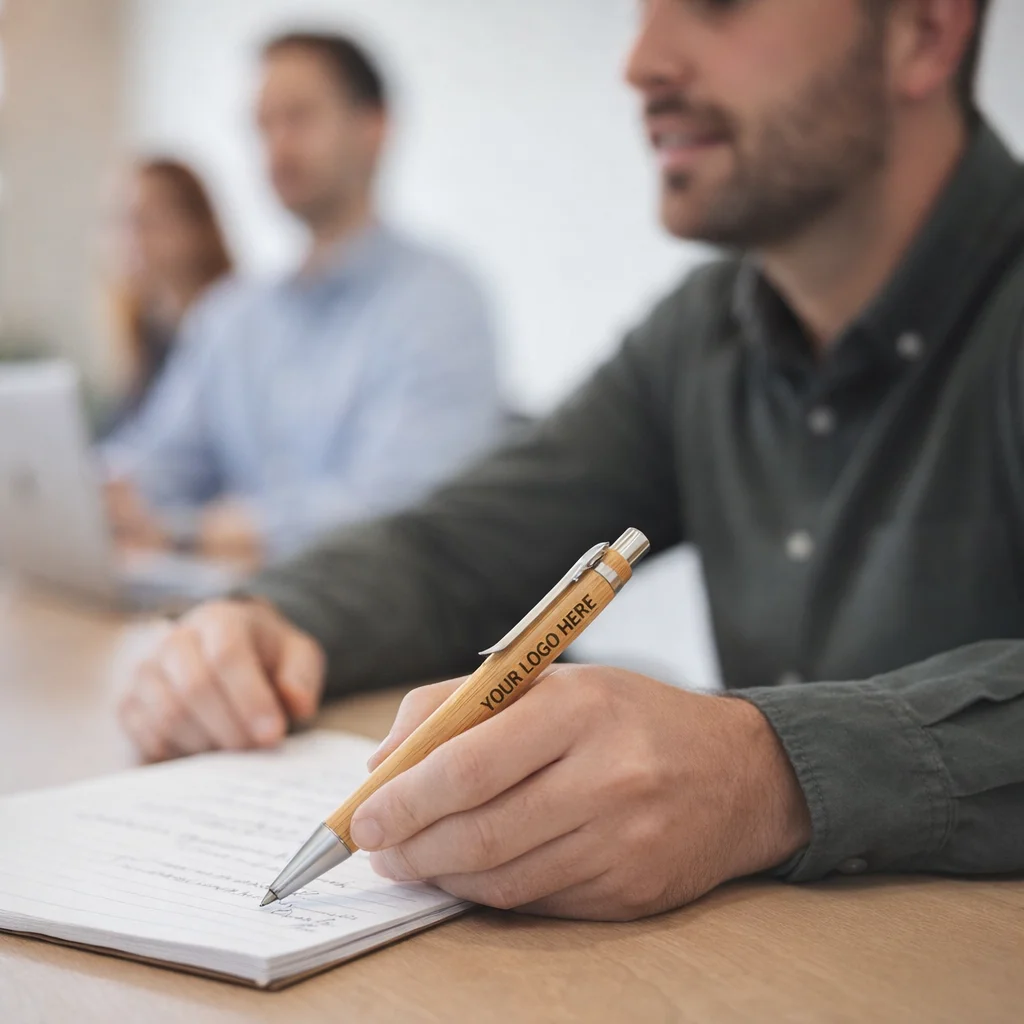 Man writing notes with a Lewis Retractable Bamboo Inkless Pen featuring YOUR LOGO HERE in meeting.