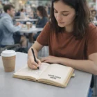 A woman writes in an Omega Kraft Paper Notebook at a table with coffee in a busy café.