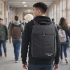 Man with black Osprey Arcane Flap Backpack in busy hallway; YOUR LOGO HERE stands out.