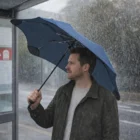 Man with a Blunt Metro UV Umbrella stands at a bus stop in heavy rain.