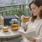 Woman reads a book and enjoys tea with Keepsake Onsen Tea Sets on the balcony table.