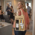 Smiling woman holding Elgin Jute Double Wine Bags at a lively social event.