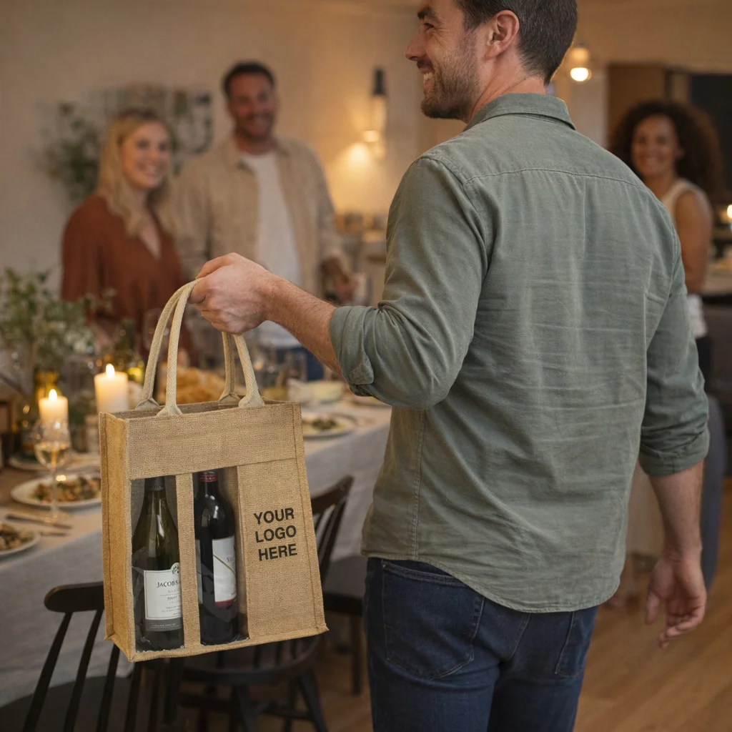Man carrying Elgin Jute Triple Wine Bags toward a dinner table with smiling guests in the background.