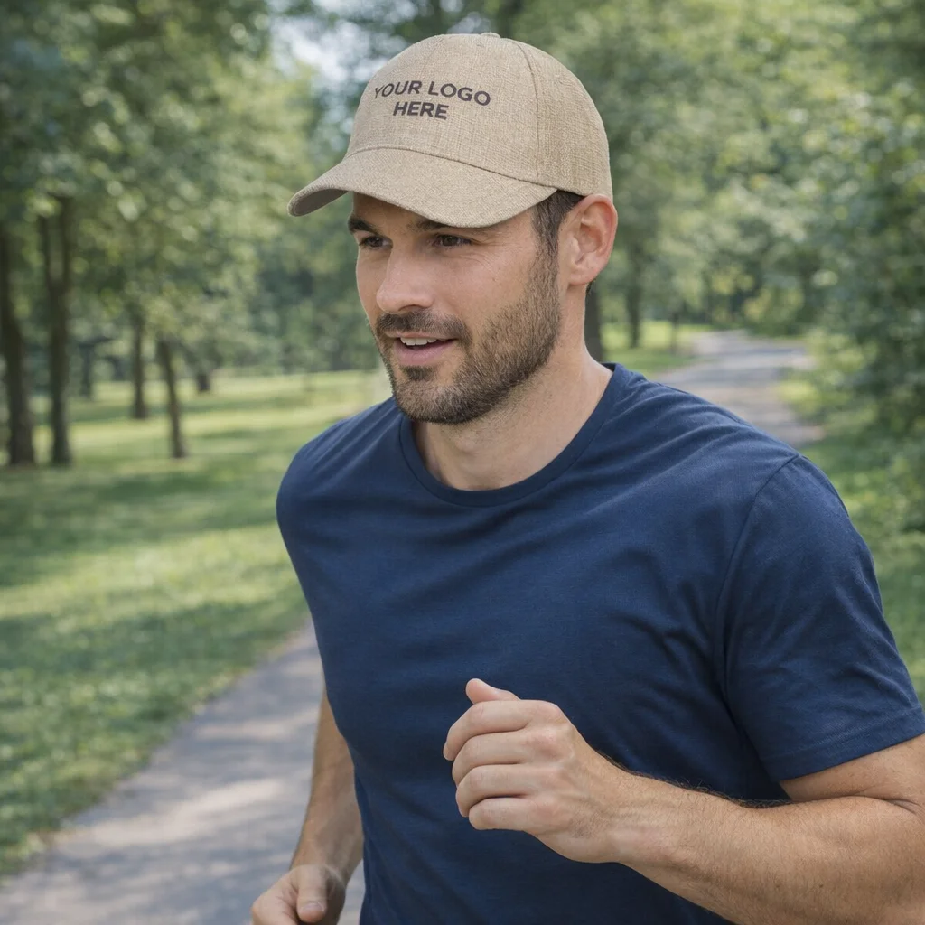 Man jogging in a navy shirt and Lightweight Polyester Cap with YOUR LOGO HERE.