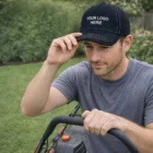 Man mowing lawn, wearing a Raven Curved Peak Cap with custom logo in the garden yard.