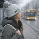 Woman in Bumble Beanies With Pom Pom waits as a yellow bus approaches on a foggy street.