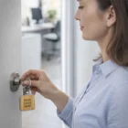 Woman unlocking a door with a Wooden Square Metal Key Ring labeled Your Logo Here.