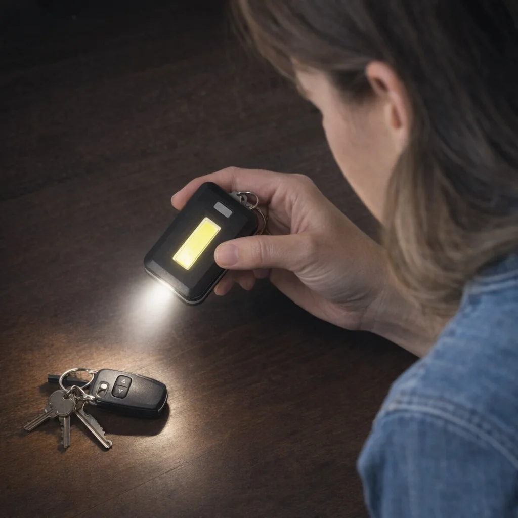 Person shines a Small Cob Key Ring Torch on keys on a dark wooden surface.