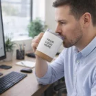Man drinks from a Cuppa Vacuum Insulated Mug while working at his computer desk.