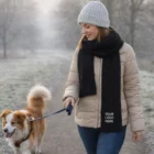 Woman in winter clothes walks dog; her Avalanche Soft Acrylic Scarf says YOUR LOGO HERE.