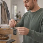 Man holding keys with Capulet Rectangle Nickel Key Ring engraved with Your Logo Here at home.
