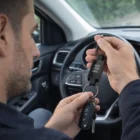 Man in car holding Stanton Keychains With Nickel Ring, featuring space for a custom logo.