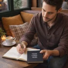 Man writing in a Recycled Cotton Paper Notebook at a café, YOUR LOGO HERE on the cover.