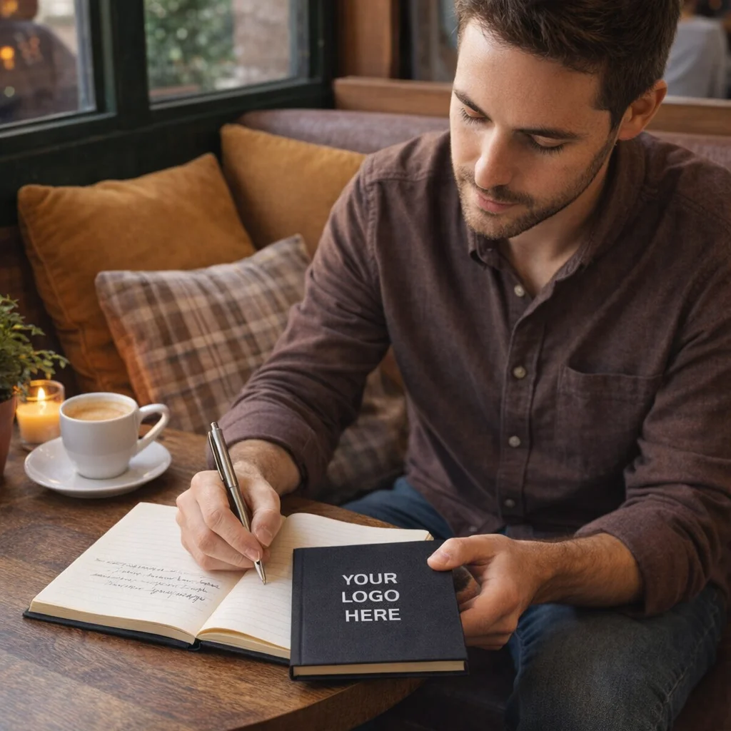 Man writing in a Recycled Cotton Paper Notebook at a café, YOUR LOGO HERE on the cover.
