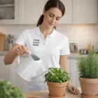 Woman in Sols Planet Womens Polos waters herbs in a bright, sunlit kitchen.