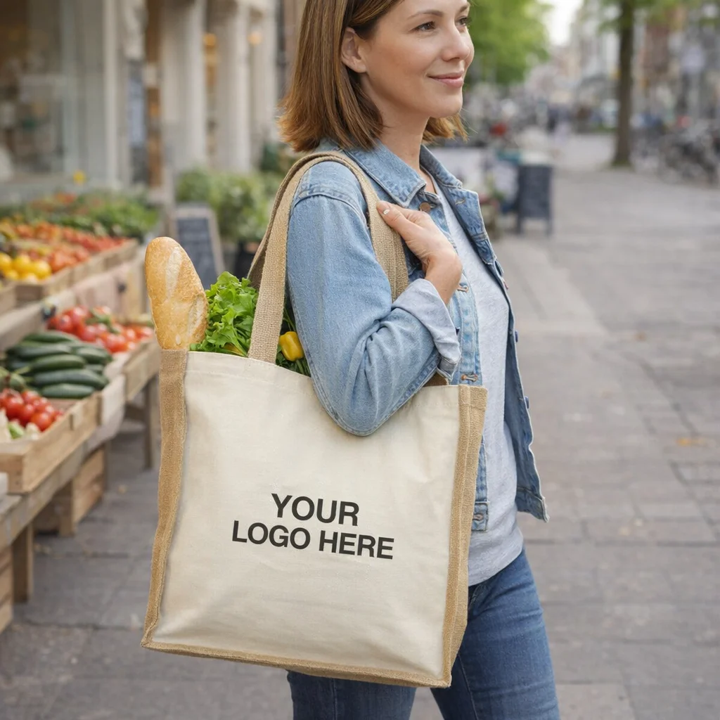 Woman with a Bonifay 15L Cotton Tote featuring Your Logo Here, by a produce market.