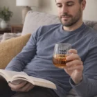 Man reading on couch, holding a Luigi Bormioli Optica Stemless Low Ball.
