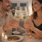 A smiling couple clinks Luigi Bormioli Optica Flutes at a candlelit dinner.