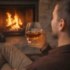 Man relaxing by a fireplace, holding Luigi Bormioli Optica Cognac Glasses with your logo.
