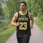 Man jogging in the park wearing Men's Sublimated Singlets, black/yellow, number 23.