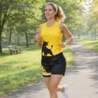 Woman jogging in park in yellow and black Women's Afl Shorts with bull print.